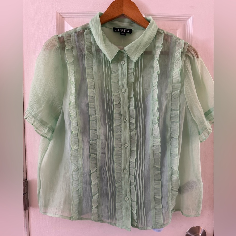 J.Crew Sheer ruffle-trim button-up top with Matching skirt Size 12